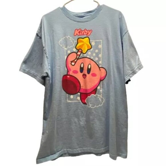 Kirby Men's XL Nintendo Graphic T-Shirt Light Blue Short Sleeve Cotton Crewneck - Picture 1 of 4
